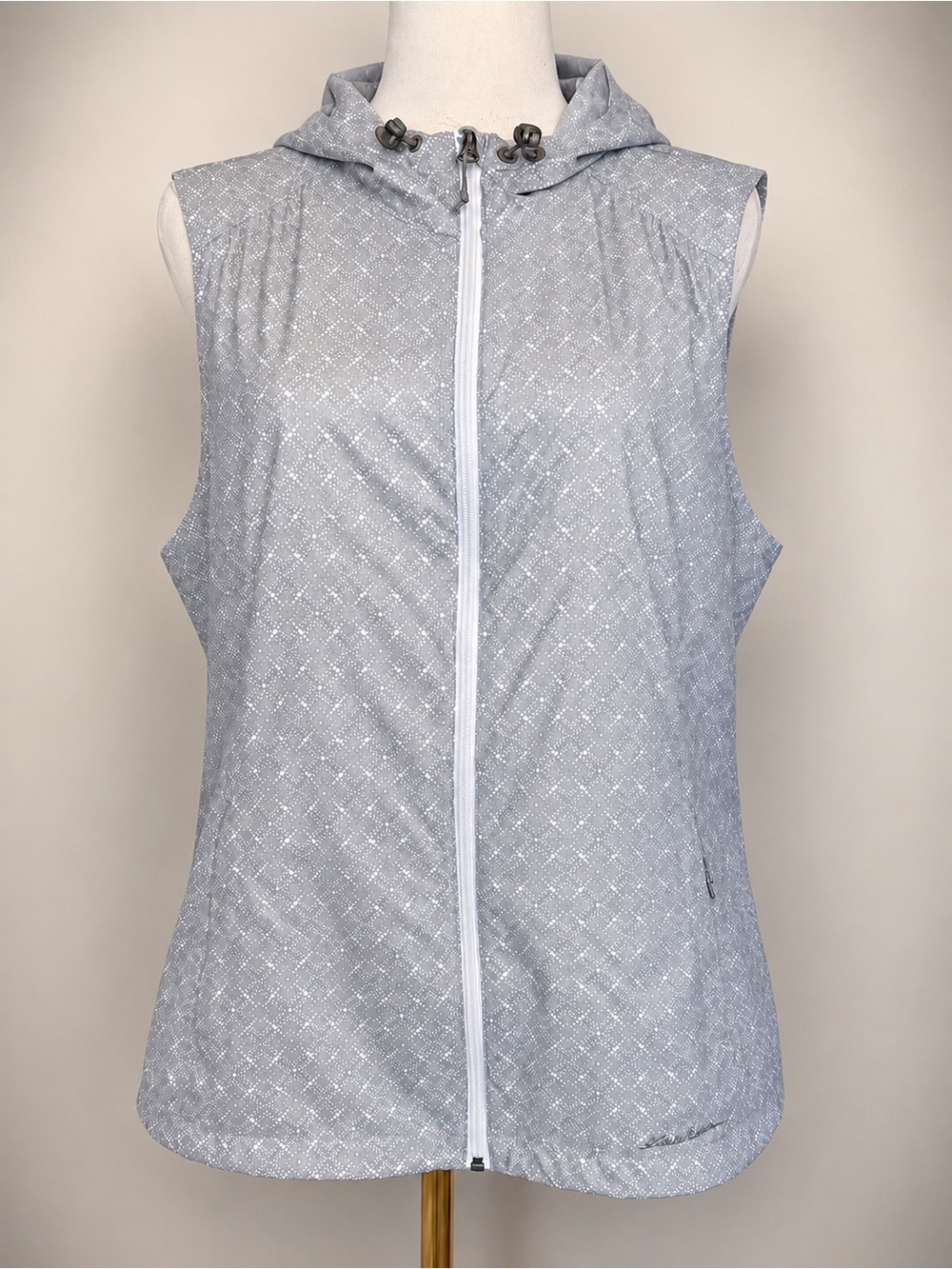 Eddie Bauer Hooded Windbreaker Vest Gray Print Full Zip Lightweight Large